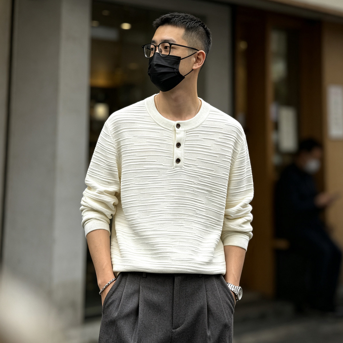 美式复古条纹亨利领男针织衫