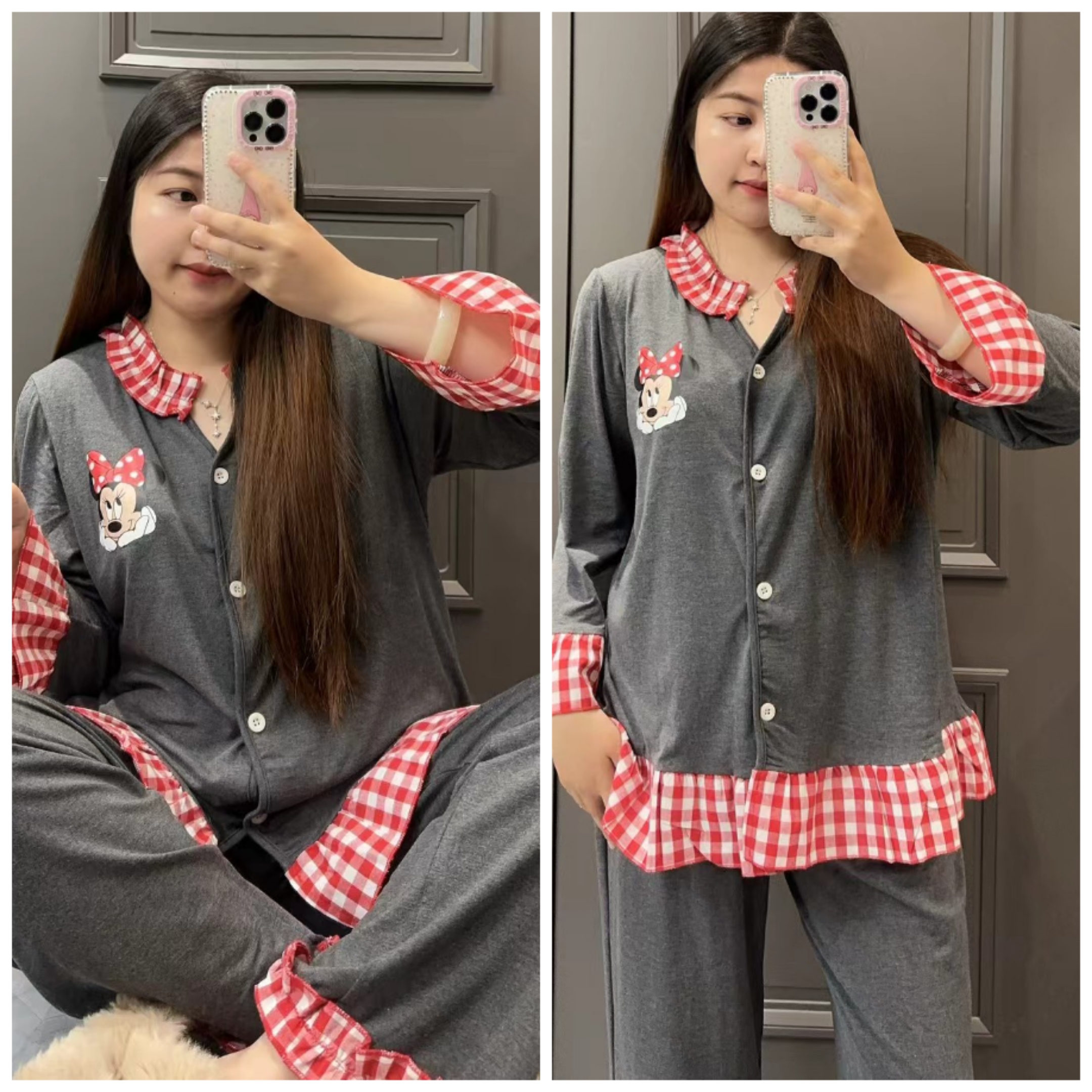 2025秋季新款大码米奇纯棉灰色前扣家居服套装加肥加大舒适睡衣女