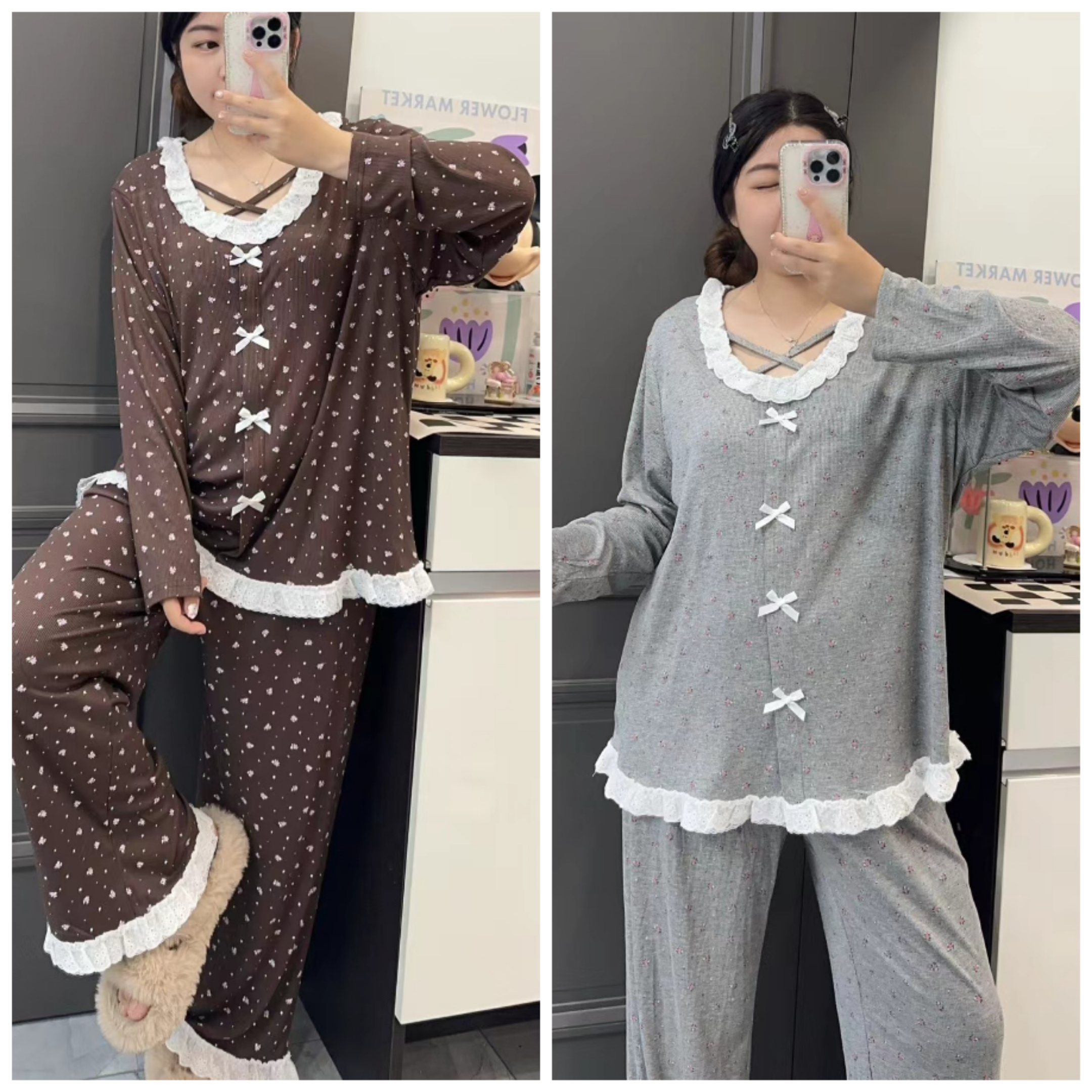 2025秋冬新款大码螺纹莫代尔碎花甜美家居服套装加肥加大舒适睡衣