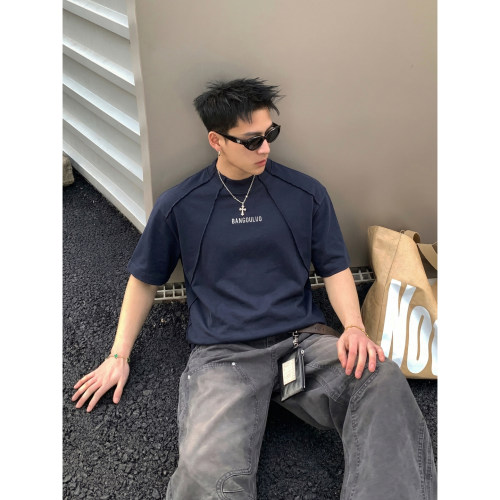 PLTH*美式复古重磅小领口落肩短袖T恤男宽松做旧毛边设计感上衣潮