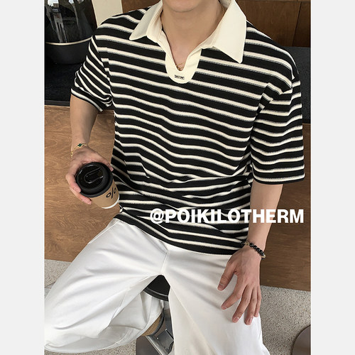 PLTH*韩系黑白撞色V领短袖POLO衫男夏季高级感慵懒风休闲条纹半袖