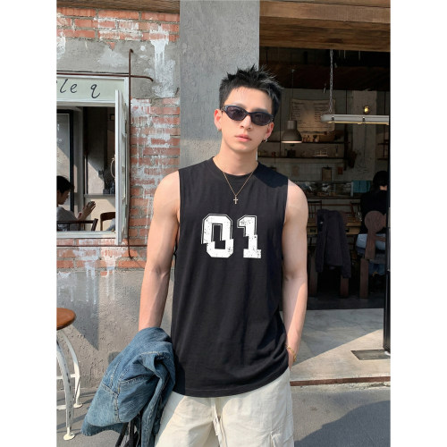 PLTH*美式复古01数字印花无袖背心男夏季健身运动宽松休闲坎肩T恤