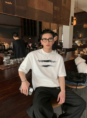 PLTH*美式复古模糊字母印花短袖T恤男夏季重磅宽松休闲情侣上衣潮
