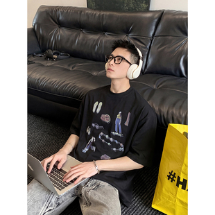 PLTH*小众设计感数码直喷印花T恤男美式复古宽松半袖潮牌情侣上衣