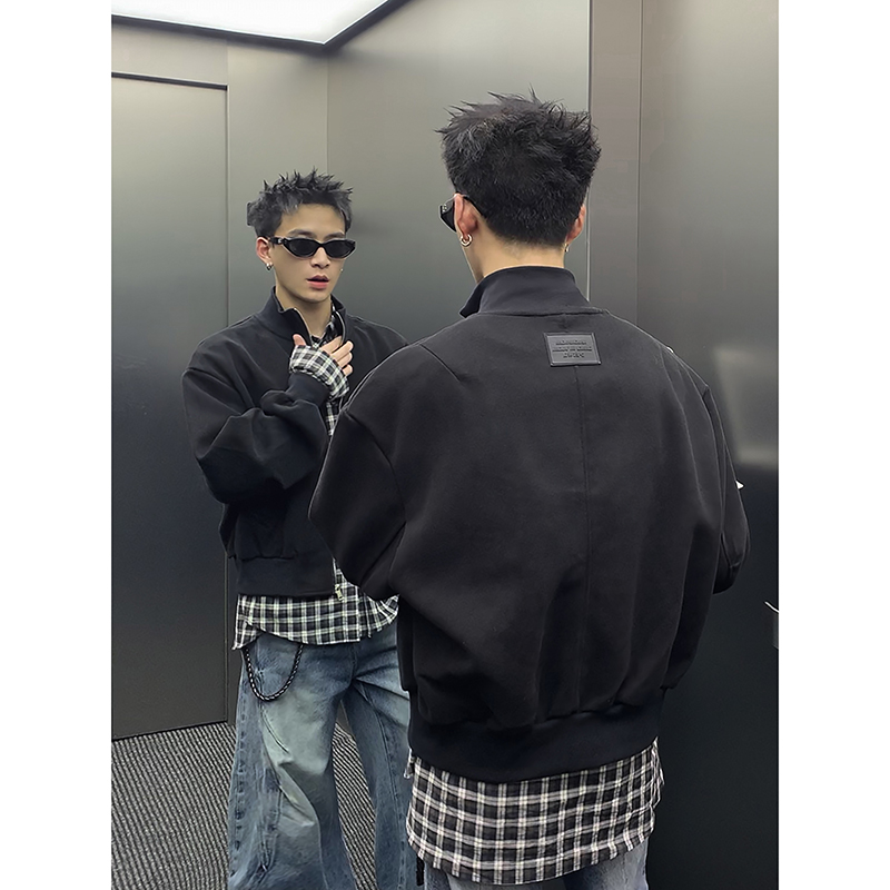 PLTH*秋季美式复古休闲运动短款立领外套男宽松简约廓形夹克上衣