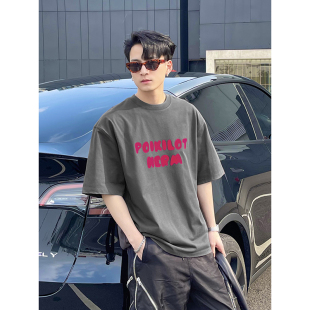 短袖 高克重255g圆领街头美式 T恤男 植绒撞色趣味印花2023夏季 PLTH