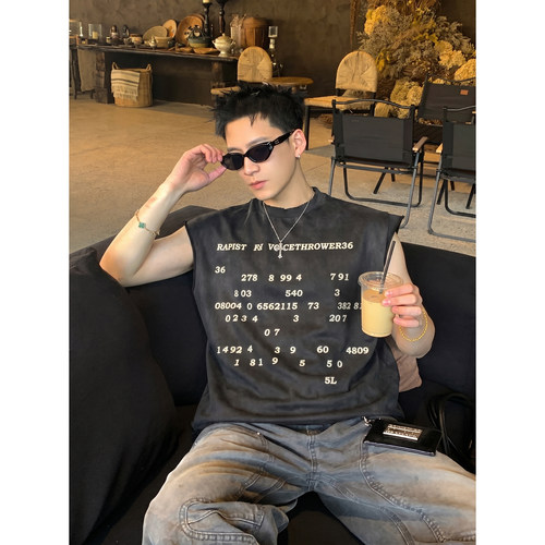 PLTH*美式复古做旧数字印花无袖坎肩背心男夏宽松休闲街头风上衣
