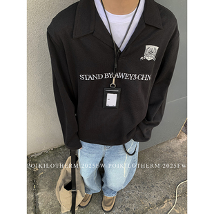 男春季 PLTH POLO衫 运动徽章刺绣长袖 潮牌宽松休闲百搭V领上衣 美式