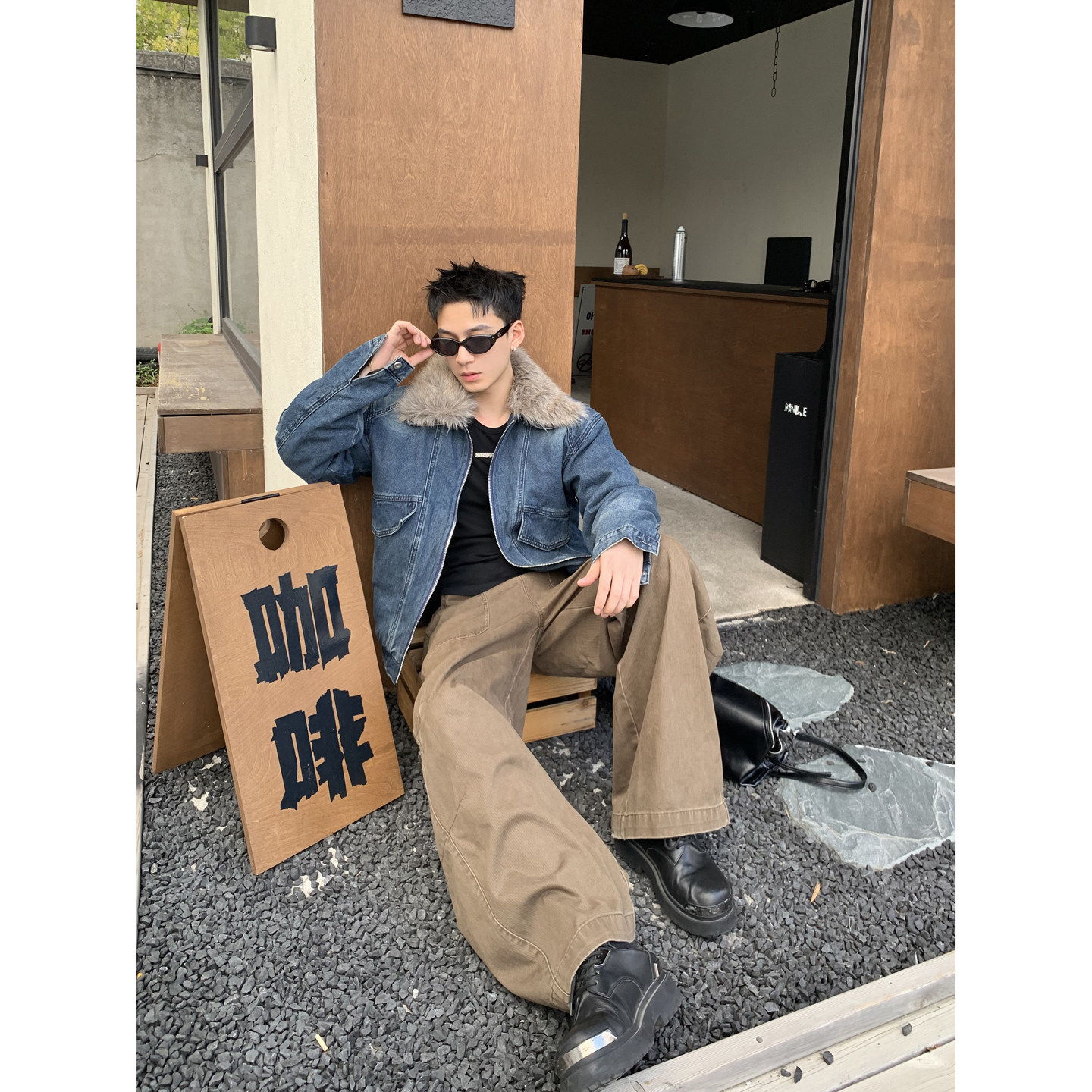 PLTH*美式复古毛领水洗牛仔棉服男短款夹棉夹克冬季加厚工装外套