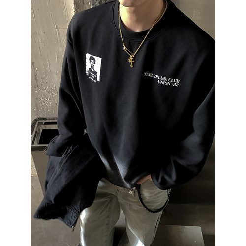 PLTH*美式水洗做旧喷墨宽松卫衣男女百搭潮流设计感渐变长袖T恤潮