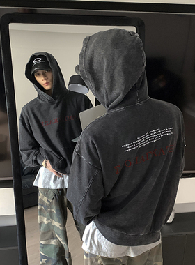 PLTH*美式复古字母标语印花连帽卫衣男女秋季小众设计感上衣ins