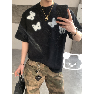 高街潮牌小众氛围感短袖 复古小领口蝴蝶印花T恤男夏季 女 美式 PLTH