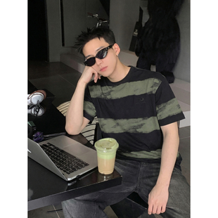 T恤男做旧扎染宽松圆领纯棉刺绣logo上衣潮 复古条纹短袖 PLTH 美式