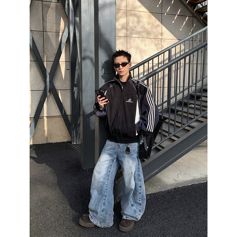 PLTH*美式复古运动拼色夹克春款宽松立领刺绣标侧边条纹情侣外套