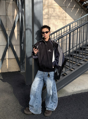 PLTH*美式复古运动拼色夹克春款宽松立领刺绣标侧边条纹情侣外套