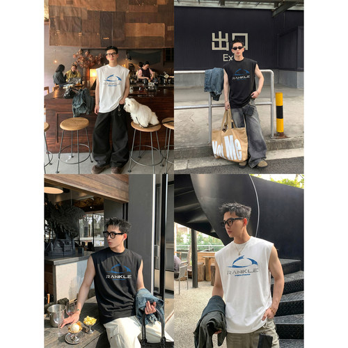 PLTH*美式复古做旧无袖背心男夏季重磅宽松圆领坎肩运动健身T恤潮