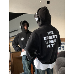 PLTH*美式高街复古后背做旧字母裂纹印花秋冬重磅加绒连帽卫衣男
