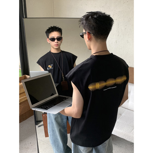 PLTH*美式复古纯棉圆领坎肩夏季沙滩运动背心男宽松无袖T恤上衣潮