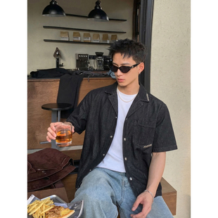 复古休闲短袖 男刺绣字母宽松美式 上衣潮 高街重磅黑牛仔衬衫 PLTH