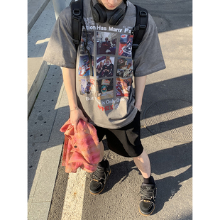 情侣T恤男 嘻哈创意九宫格印花做旧宽松街头国潮小众短袖 PLTH 美式