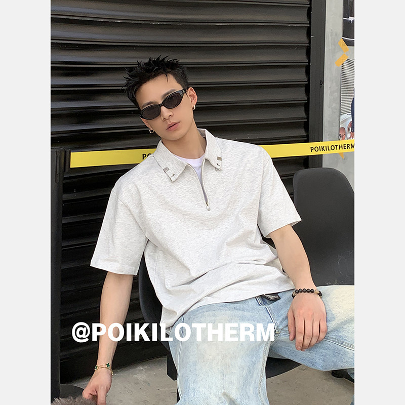 PLTH*美式复古半拉链金属扣POLO衫男夏季重磅cleanfit翻领半袖潮