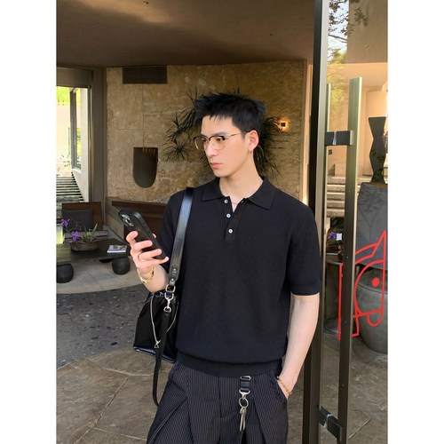 PLTH*cleanfit轻熟风针织polo衫高级感竖条纹翻领修身短袖上衣男