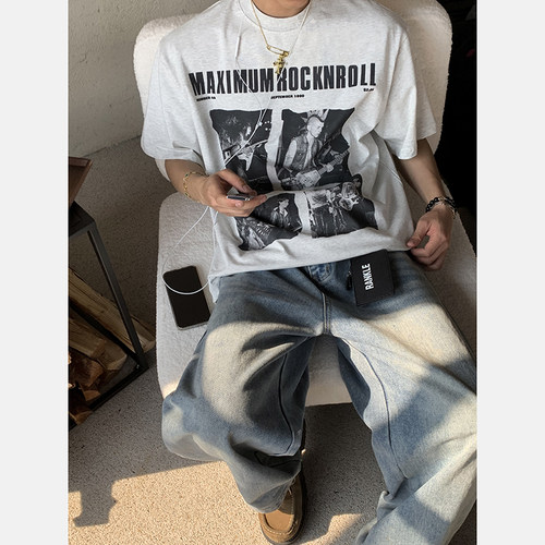 PLTH*夏季美式复古摇滚嘻哈人物印花短袖男情侣宽松纯棉圆领T恤潮