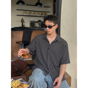 复古古巴领宽松落肩潮流衬衫 PLTH 肌理感条纹衬衣男美式 新款 夏季