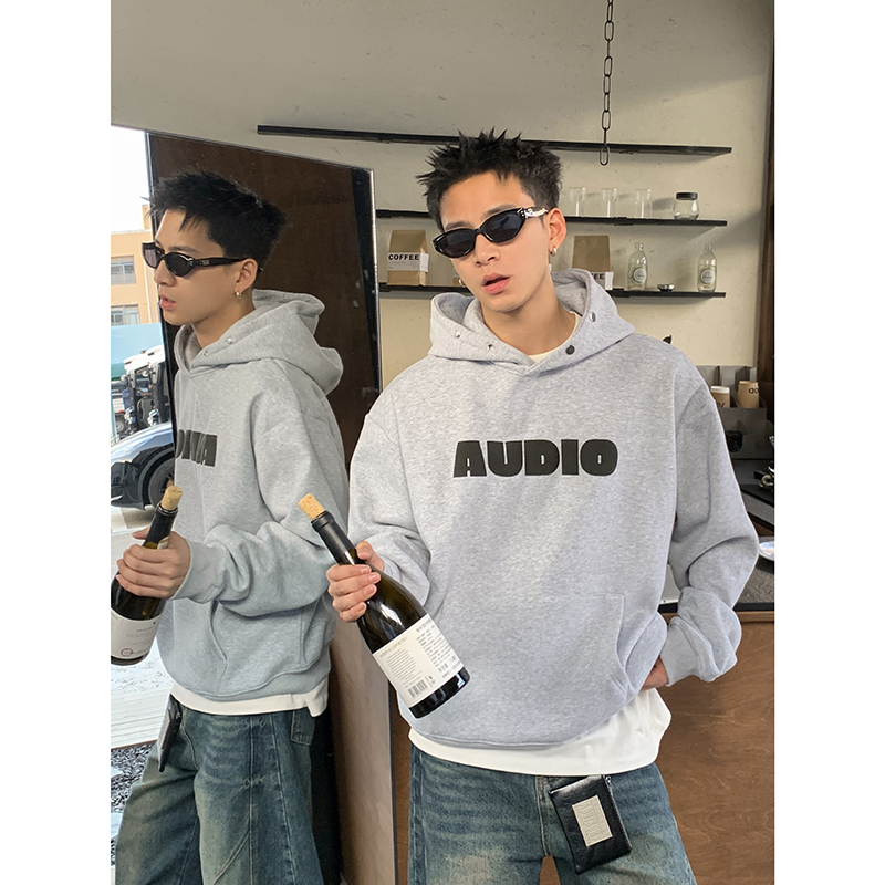 PLTH*美式重磅发泡印花加绒连帽卫衣男宽松慵懒秋冬保暖长袖上衣