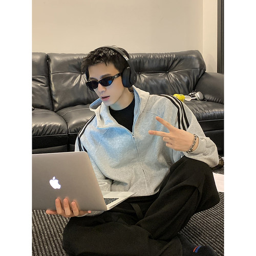 PLTH*美式潮牌重磅宽松三条杠条纹卫衣休闲百搭情侣连帽外套上衣