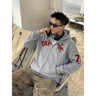 宽松字母印花外套 复古骷髅骑士刺绣连帽拉链卫衣男春季 PLTH 美式