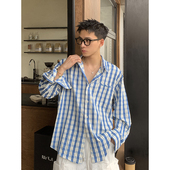 衬衣情侣装 PLTH 男夏季 宽松休闲薄款 美式 复古休闲蓝格子撞色衬衫