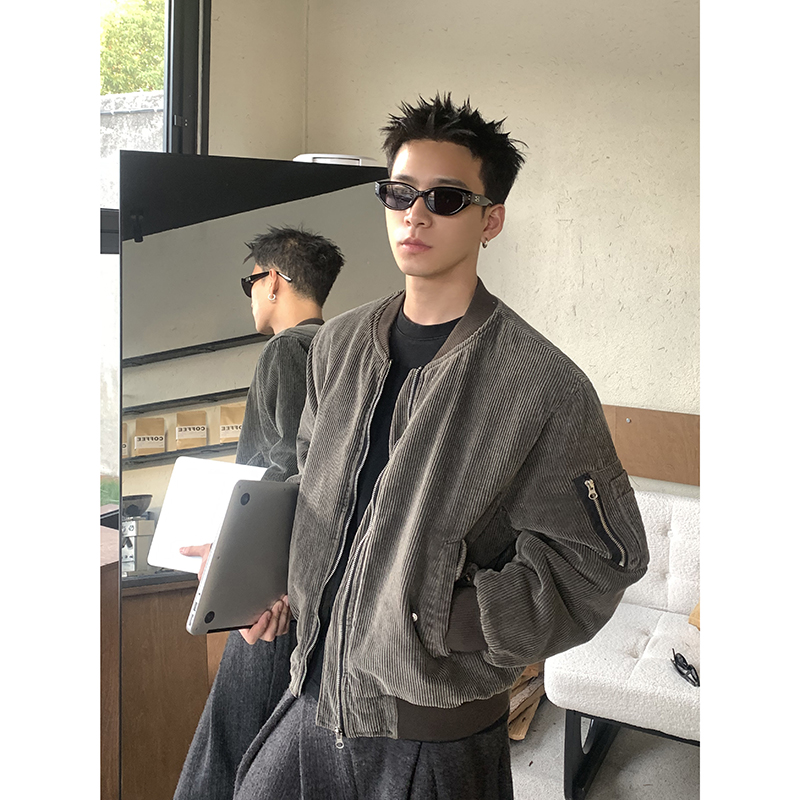 PLTH*美拉德灰色灯芯绒外套男冬季加厚做旧水洗bomber飞行棉服潮