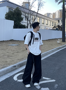 PLTH*夏季255克重磅纯棉潮流ins胸前MW印花T恤宽松潮男女情侣短袖