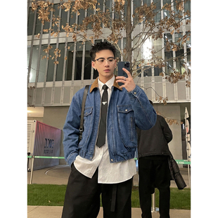 外套潮 短款 PLTH 复古做旧牛仔夹克男翻领灯芯绒领多口袋休闲工装