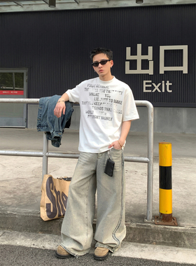 PLTH*夏季美式复古做旧斑驳字母印花短袖T恤男宽松高街半袖上衣潮