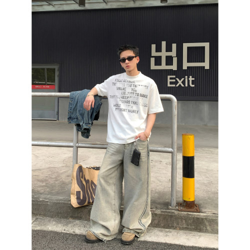 PLTH*夏季美式复古做旧斑驳字母印花短袖T恤男宽松高街半袖上衣潮