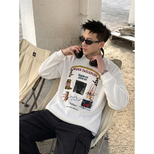 春季 复古华夫格长袖 T恤男卡通印花宽松休闲圆领打底上衣 美式 PLTH
