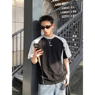 潮牌运动上衣 明线设计感宽松短袖 PLTH 复古赛车风插肩撞色T恤夏季