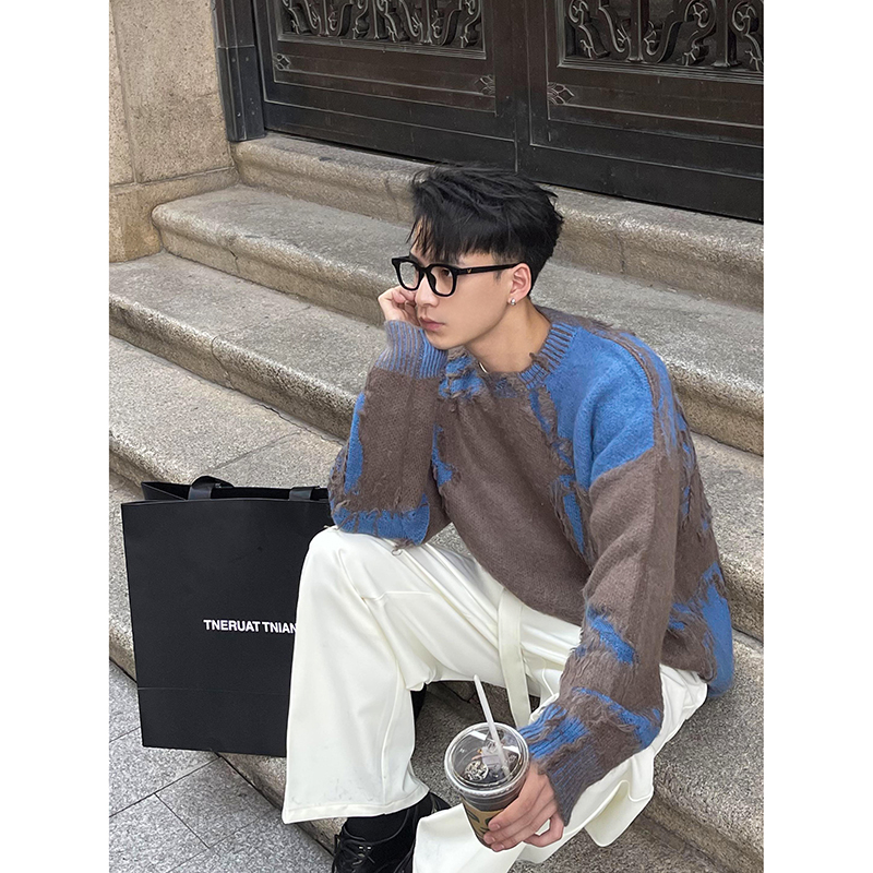 PLTH宽松圆领拼接毛衣