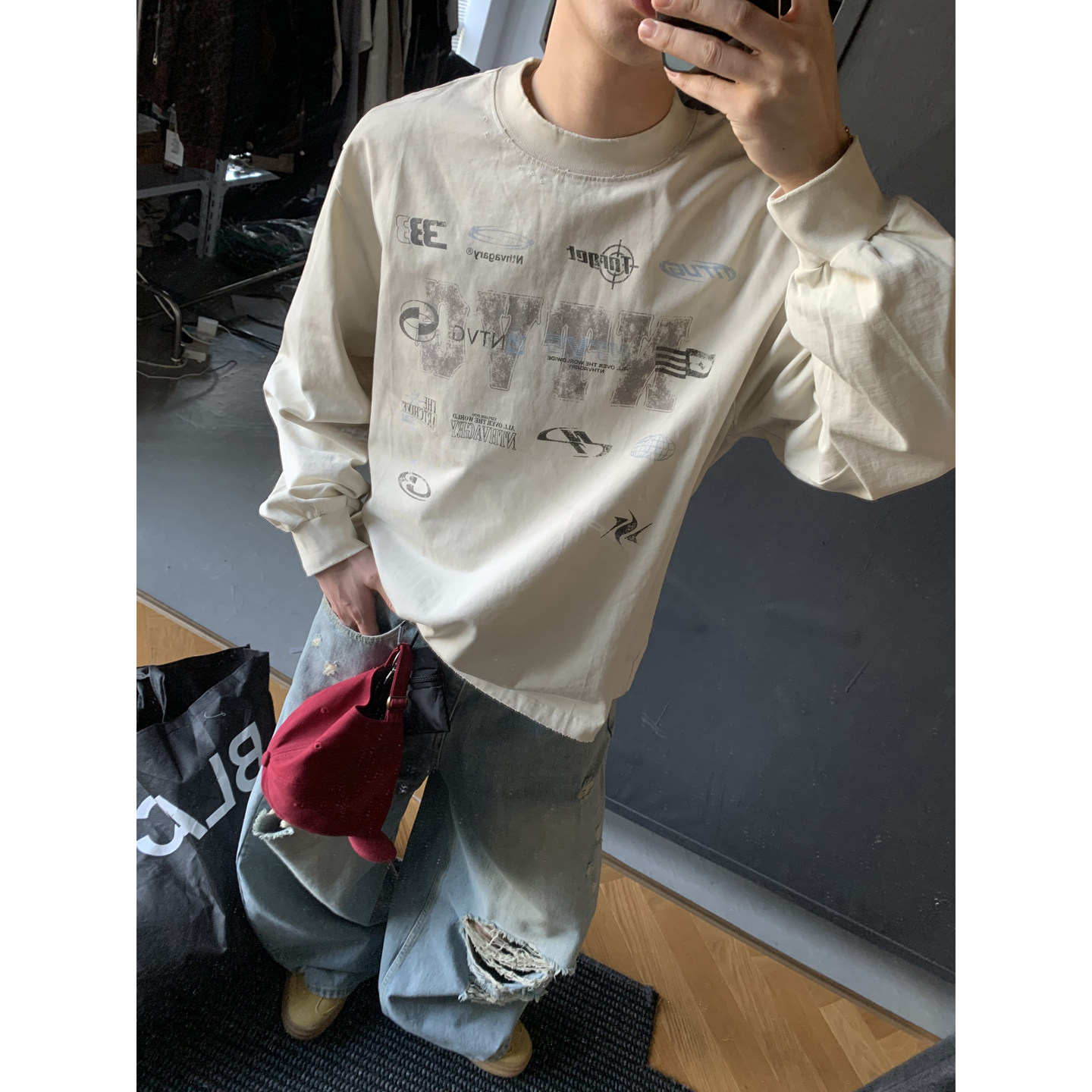 PLTH*秋季美式复古水洗做旧喷绘破洞圆领长袖T恤男女宽松百搭上衣