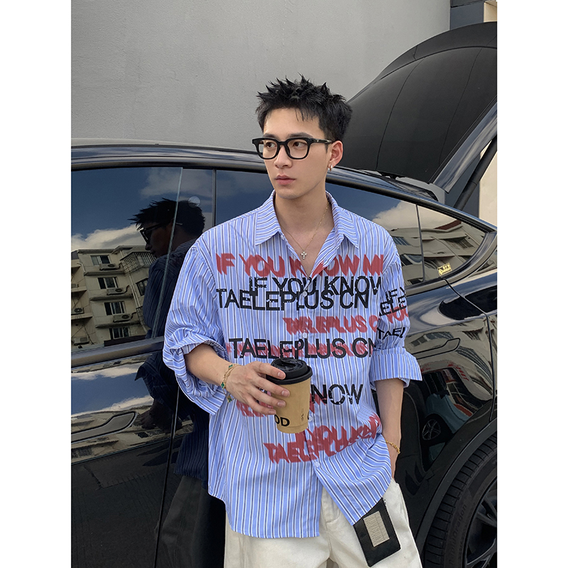 PLTH*美式复古撞色字母印花衬衫男2025秋季慵懒宽松休闲长袖衬衣