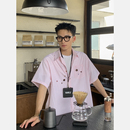 男夏季 PLTH 短袖 美式 纽扣设计感宽松慵懒风衬衣外套 复古条纹衬衫
