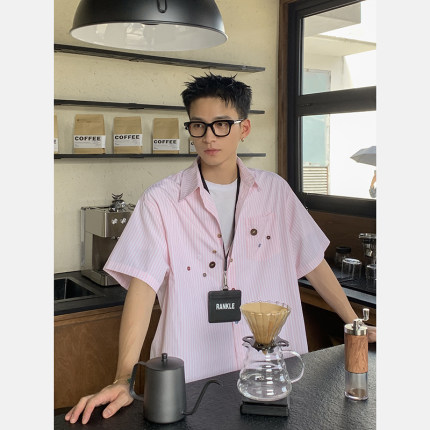 PLTH*美式复古条纹衬衫短袖男夏季纽扣设计感宽松慵懒风衬衣外套