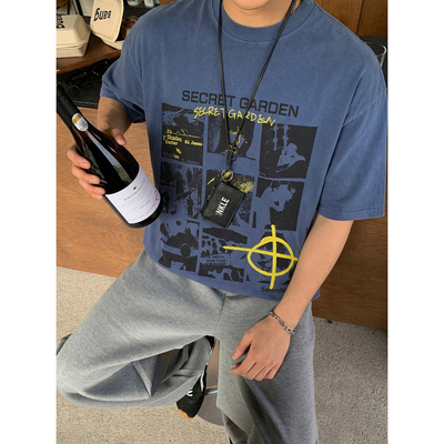 PLTH*美式复古做旧水洗蓝漫画印花短袖T恤男潮牌宽松重磅半袖上衣