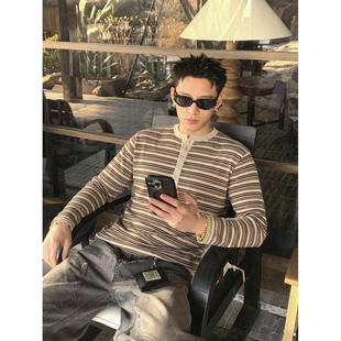春季 PLTH 复古休闲打底衫 T恤男美式 叠穿上衣潮 撞色条纹亨利领长袖