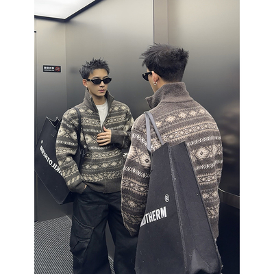 PLTH*复古提花立领开衫毛衣内搭羊毛衫厚费尔岛北欧风上衣针织衫