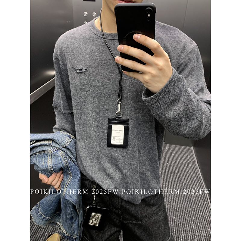 PLTH*韩版简约针织薄款圆领破洞设计防晒长袖T恤男休闲打底衫上衣