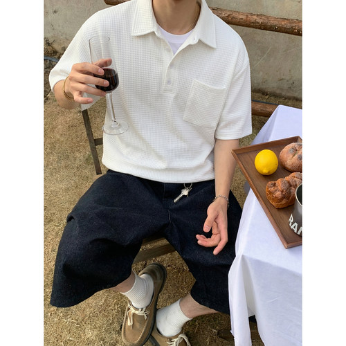 PLTH*日系cityboy华夫格口袋Polo衫男夏季宽松翻领短袖休闲T恤潮