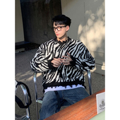 重磅立体撞色斑马纹高质感毛边做旧加厚毛衣慵懒针织衫 PLTH 美式